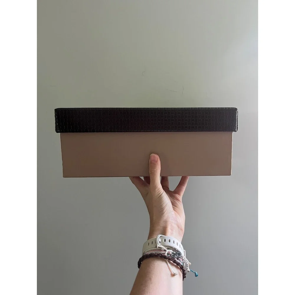 Photo Storage Box Brown with Metal Label Holder Picture Organizer Office Decor